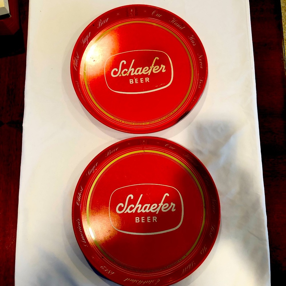 Schaefer Beer Trays Vintage Mid-Century Metal 12” Diameter Red. Set of 2.